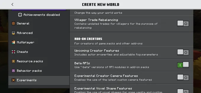 Minecraft world settings Experiments tab with the Beta APIs toggle switched on