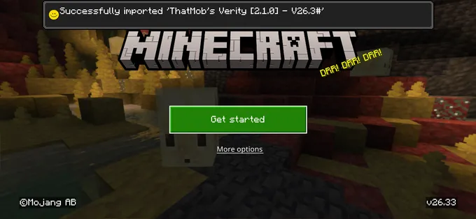 Minecraft Bedrock main menu confirming: Successfully imported ThatMob's Verity 2.1.0