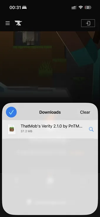 Safari Downloads list showing the 37 MB Verity .mcaddon file ready to open